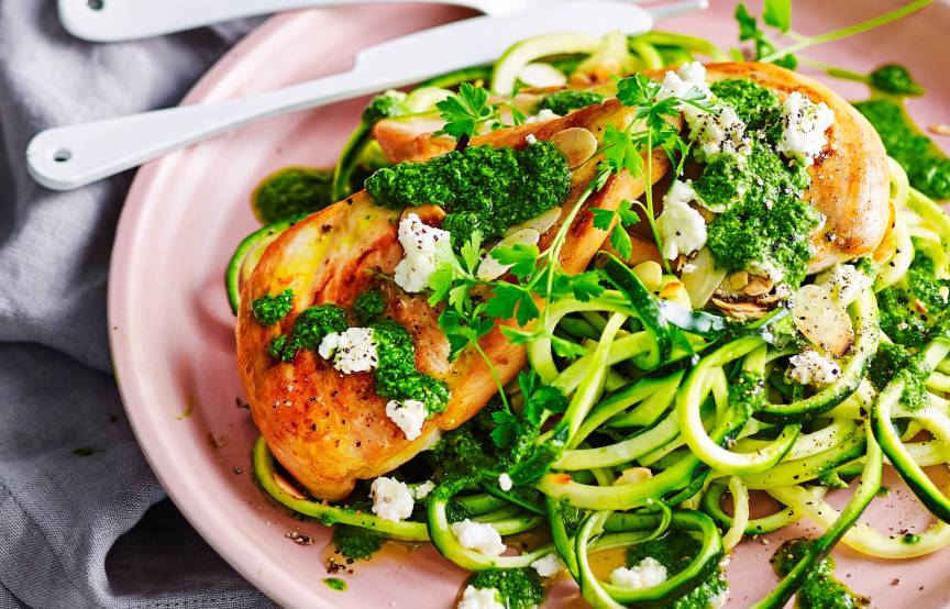 Hähnchen mit Zucchininudeln und Kräutersoße