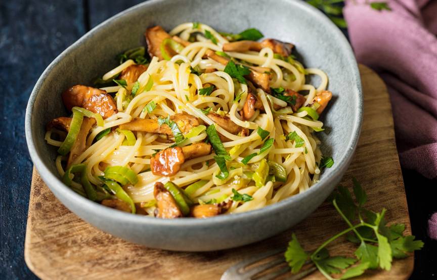 Spaghetti mit Lauch-Pfifferlings-Carbonara