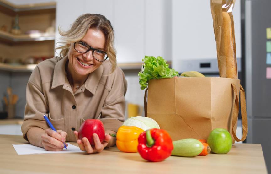 Frau steht an einer Küchenarbeitsplatte und geht die Preise der eingekauften Lebensmittel durch