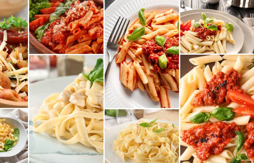 Collage aus verschiedenen Nudelsorten mit unterschiedlichen Soßen