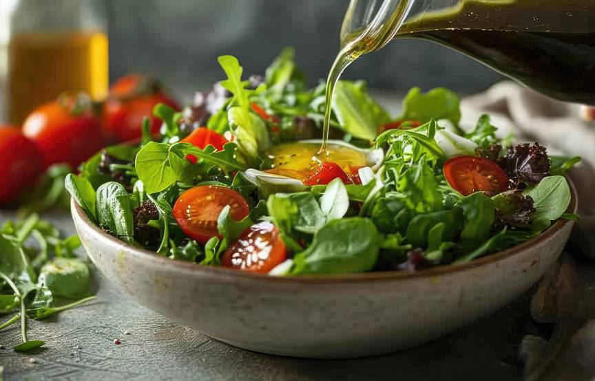 jemand schüttert Balsamico-Vinaigrette aus einer Glasflasche auf einen bunt gemischten Salat