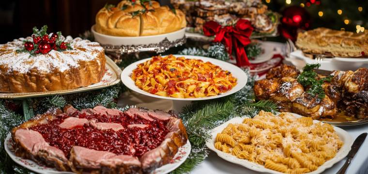 Verschiedene italienische Weihnachtsgerichte auf einem großen, festlich dekorierten Tisch