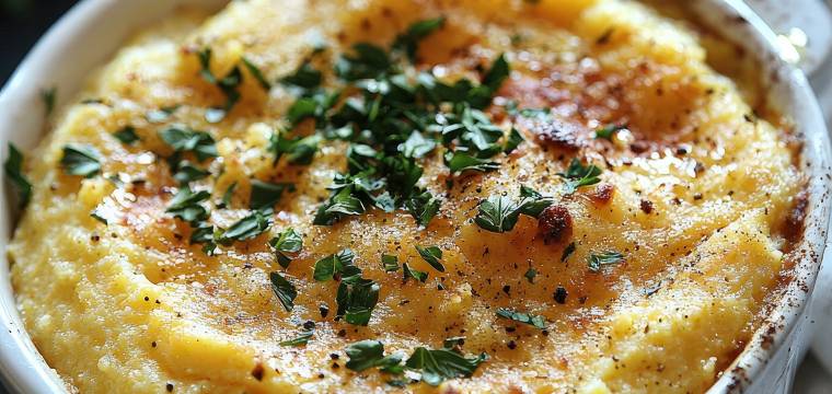 Polenta concia in einer runden Auflaufform getoppt mit frischen Kräutern