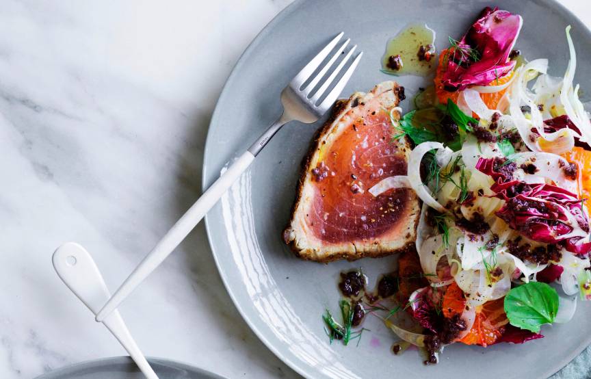 Gegrillter Thunfisch mit Blutorangen, Fenchel und Olivendressing ...