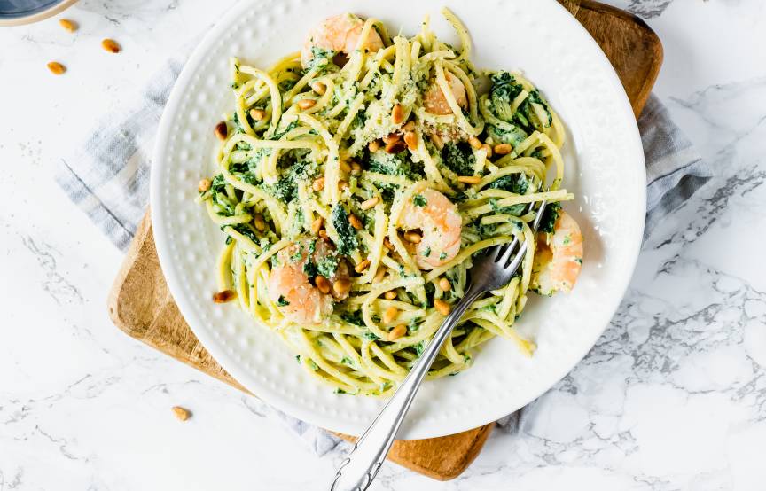 Pasta Mit Spinat Und Garnelen