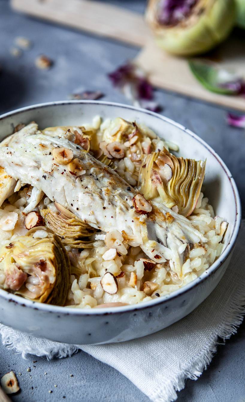 Artischocken-Risotto mit gebratener Dorade