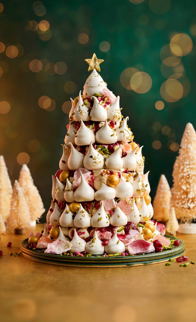 Selbst gemachter Baiser-Tannenbaum auf einem weihnachtlich dekorierten Tisch