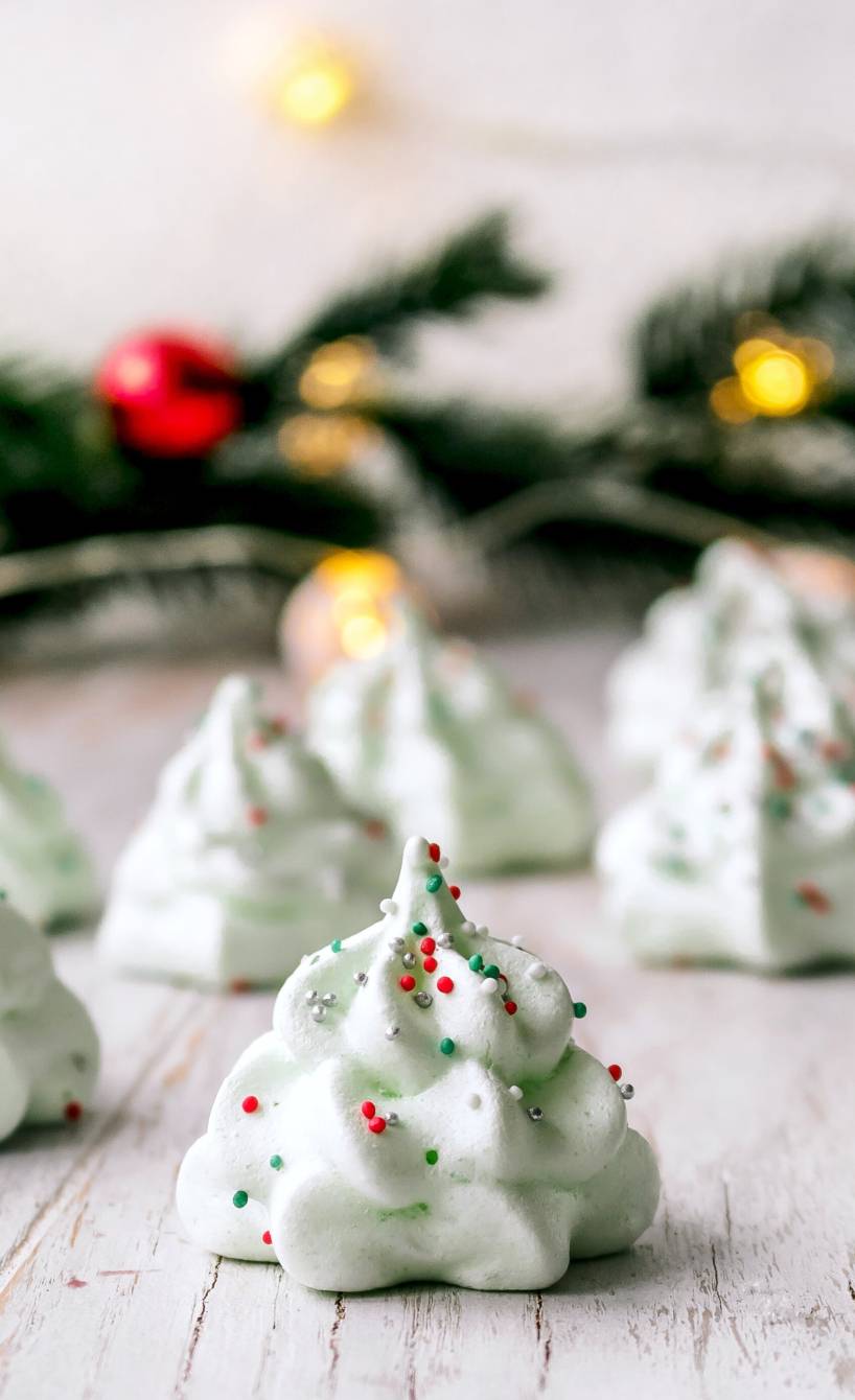 Tannenbäumchen aus Baiser auf einem Holztisch, dahinter leuchtende Weihnachtsdeko
