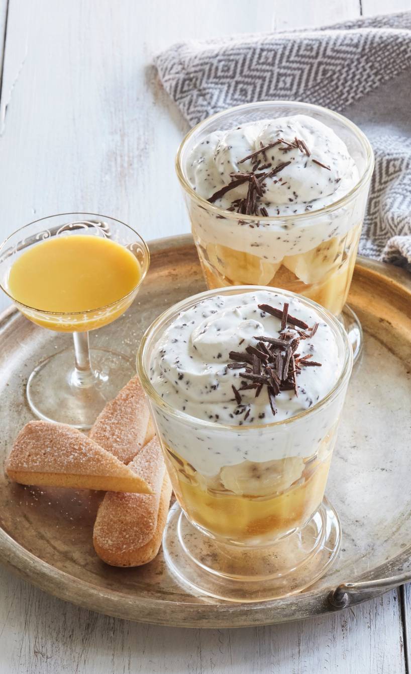Bananentiramisu in zwei Gläser geschichtet, daneben ein Glas Eierlikör auf einem Tisch