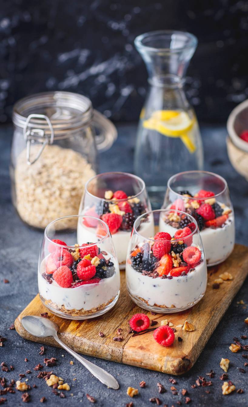 Schichtdessert in vier Gläsern getoppt mit Beeren, dahinter Granola und eine Karaffe mit Wasser auf einem Tisch