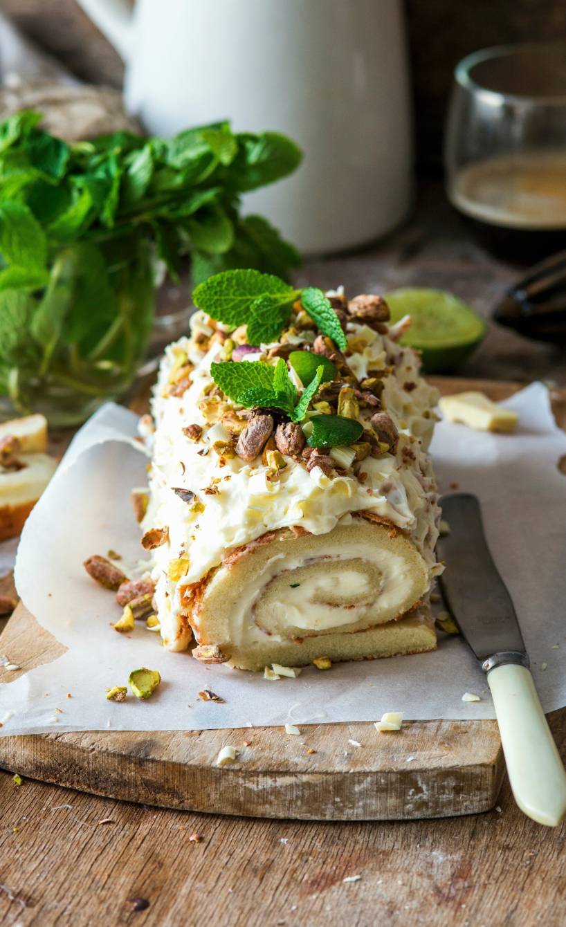 Pistazien-Biskuitrolle mit Mascarponecreme-Füllung angeschnitten auf einem Holzbrett garniert mit weißer Schokolade und Minzblättern
