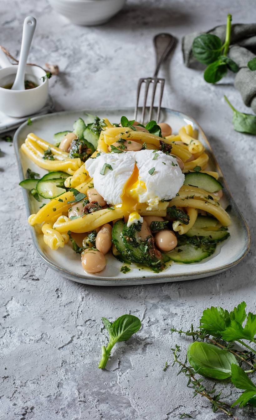 Nudelsalat aus Strozzapreti auf einem rechteckigen Teller, darauf ein pochiertes Ei, das gerade ausläuft