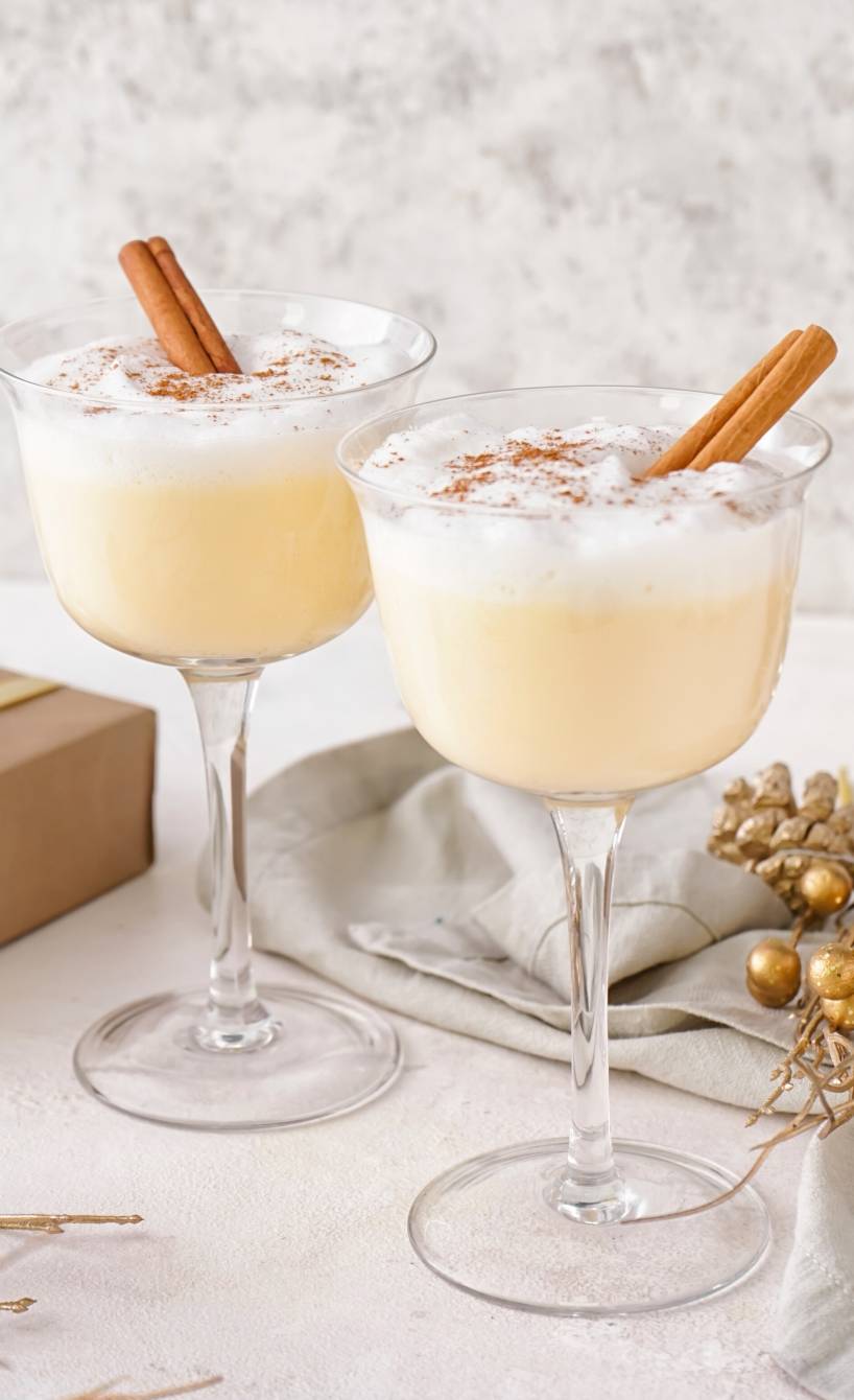 Weihnachtscocktail in zwei Stielgläsern auf einem festlich dekorierten Tisch