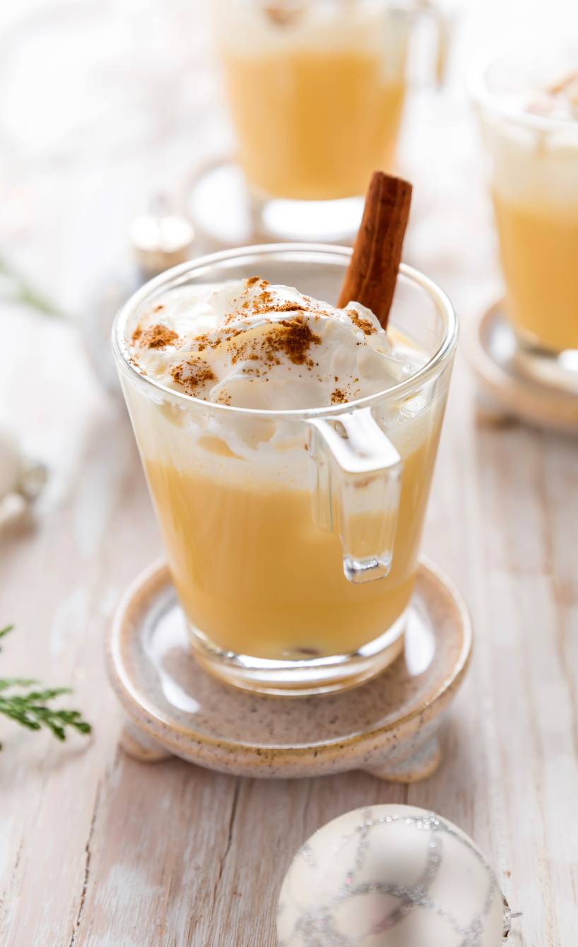 Selbst gemachter Eierpunsch in mehreren Gläsern getoppt mit Gewürzsahne auf einem Tisch