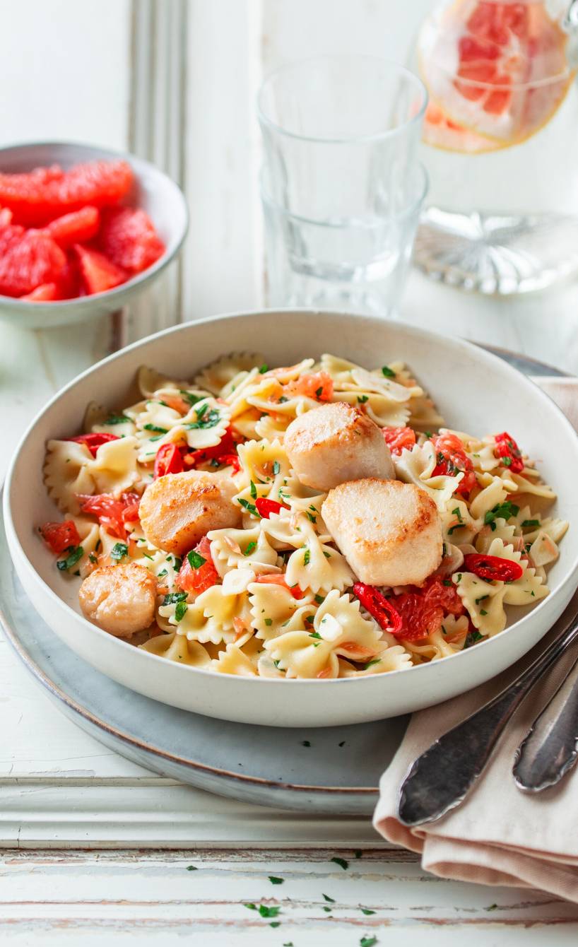 Farfalle agilo olio mit Grapefruit und gebratenen Jakobsmuscheln