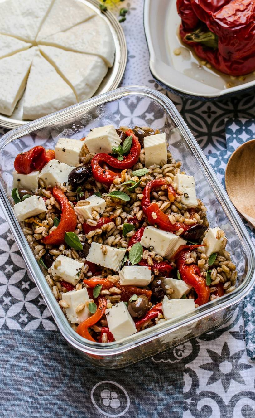Farro-Salat mit Feta, Paprika und Oliven in einer Glasdose auf einem Tisch, daneben Olivenöl