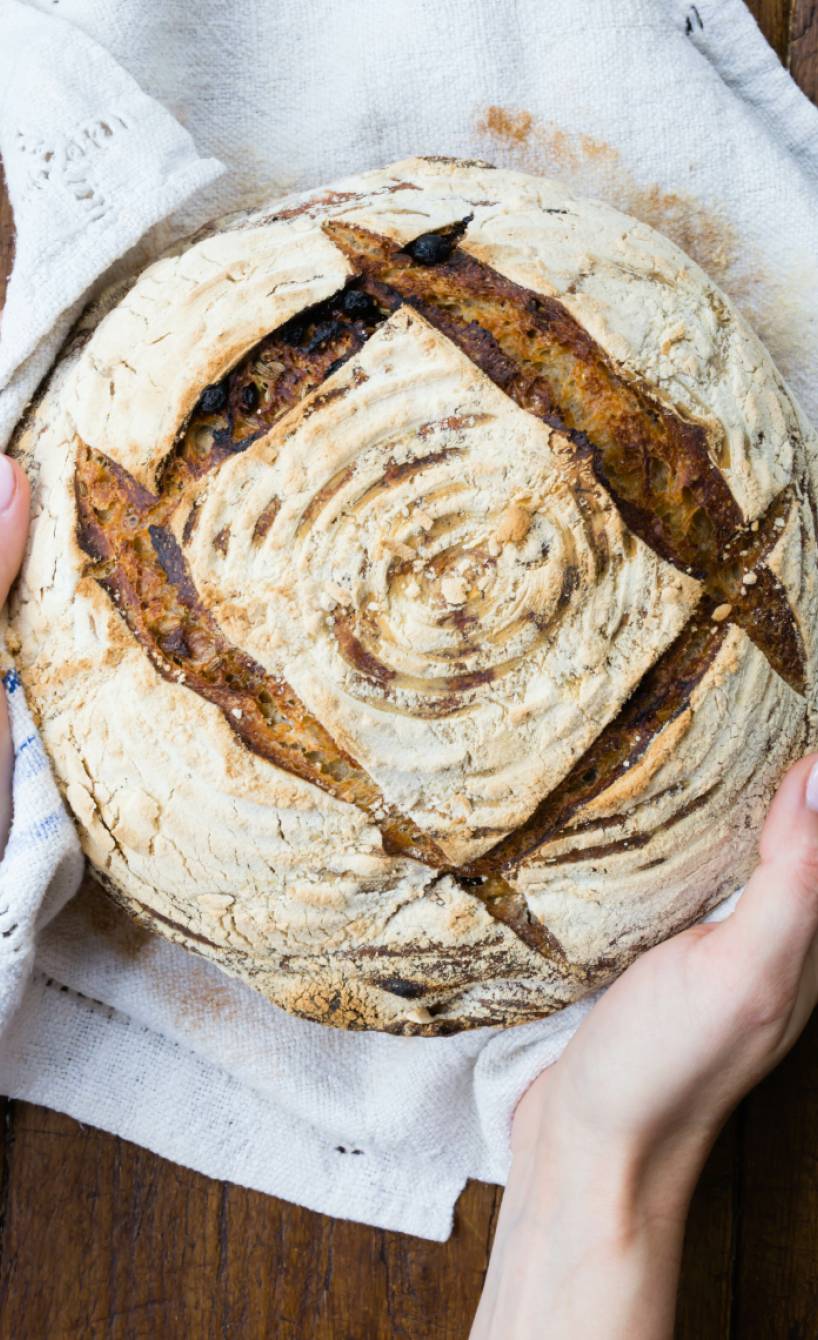 Rundes Rosinenbrot in den Händen einer Frau über einem Holztisch