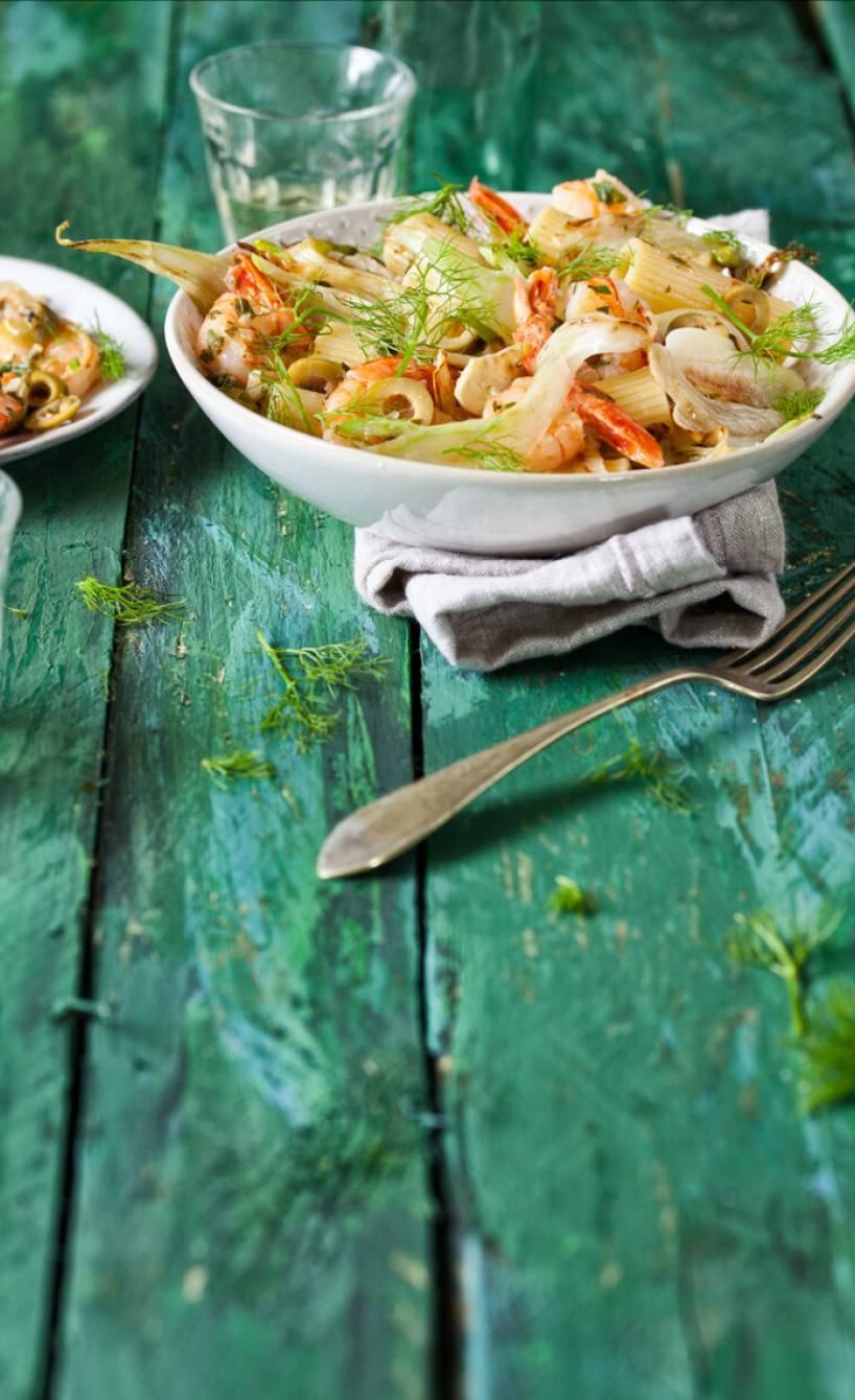 Fenchelpasta mit Knoblauch-Garnelen