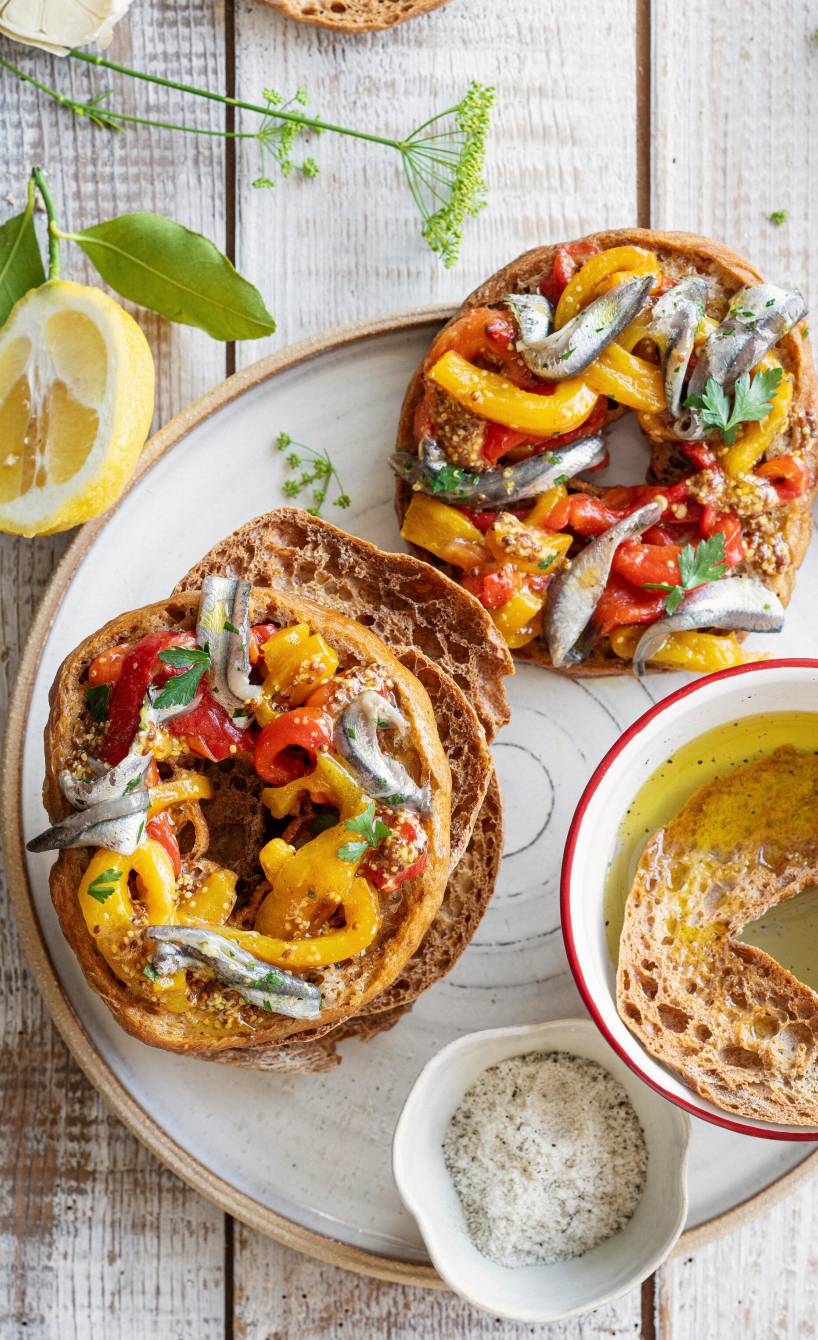 Friselle mit ofengebackener Paprika & marinierten Sardellen