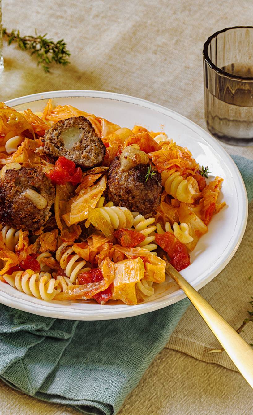 Fusilloni mit Scamorza-Hackbällchen und Wirsing