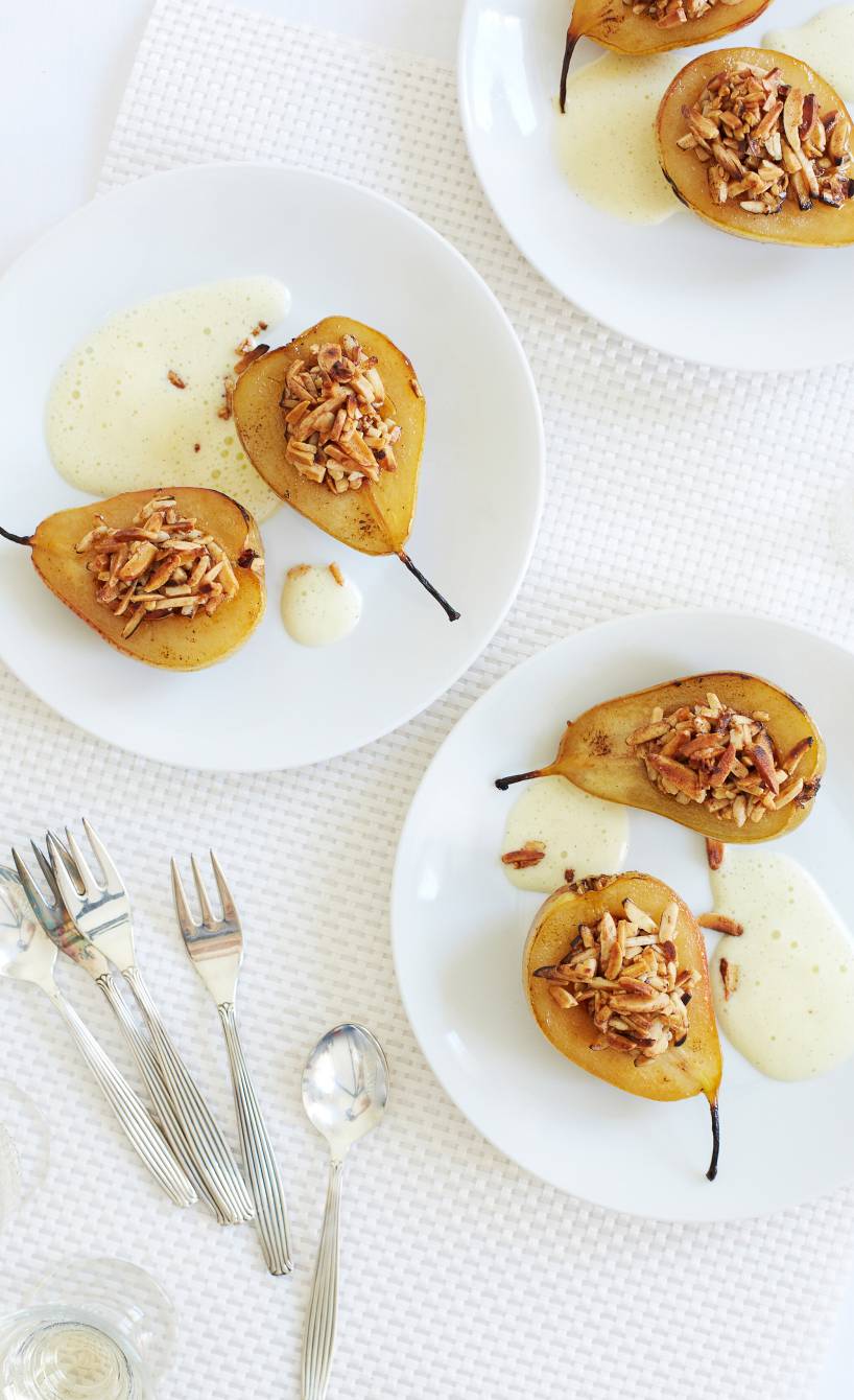 Gebackene Birne mit Vanillezabaione