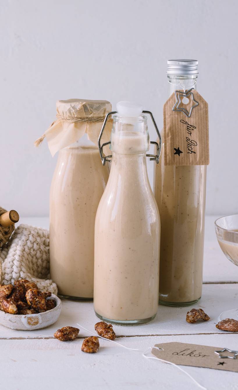 Selbstgemachter Gebrannte-Mandel-Likör in weihnachtlich verpackten Flaschen auf einem Tisch