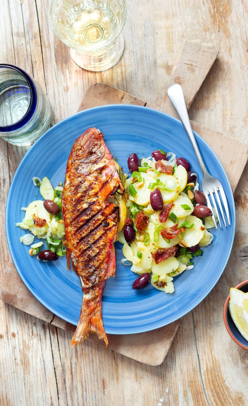 Ganze gegrillte Rotbarbe auf einem Teller, daneben Kartoffelsalat