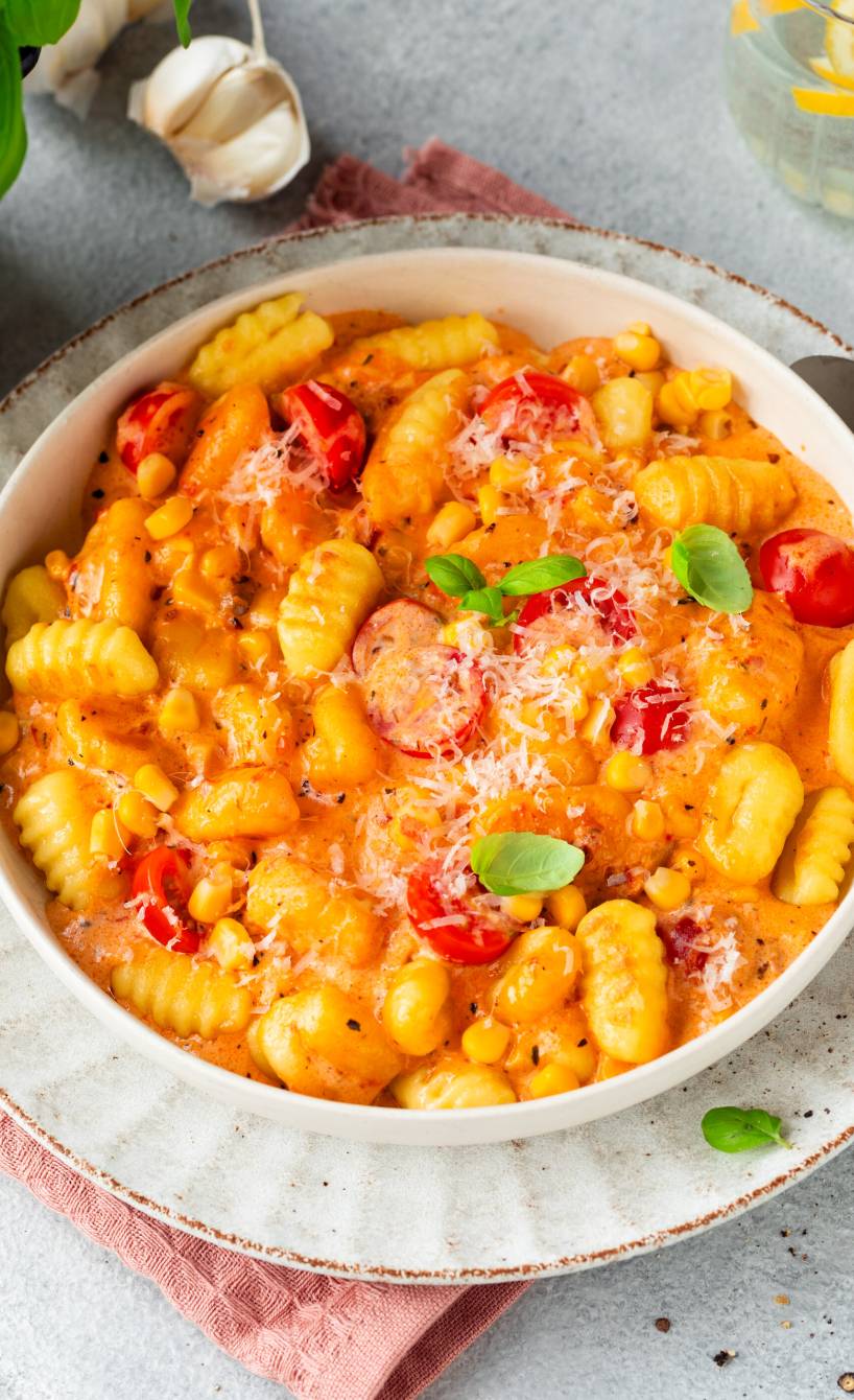 Gnocchi in Tomaten-Sahne-Soße mit Mais und Kirschtomaten auf einem tiefen Teller bestreut mit Parmesan und Basilikumblättern