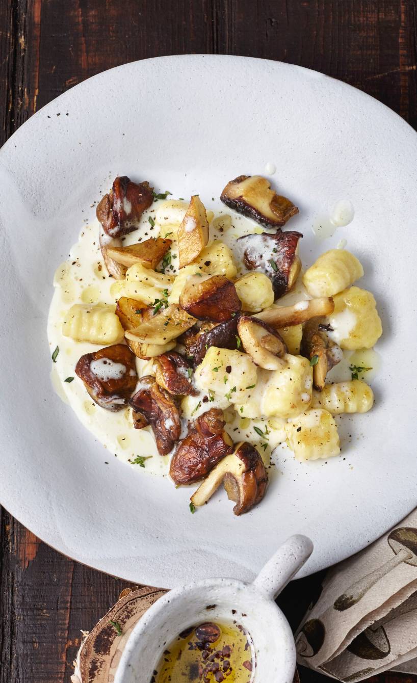 Selbst gemachte Gnocchi auf einem Teller getoppt mit gebratenen Steinpilzen und Käsesoße