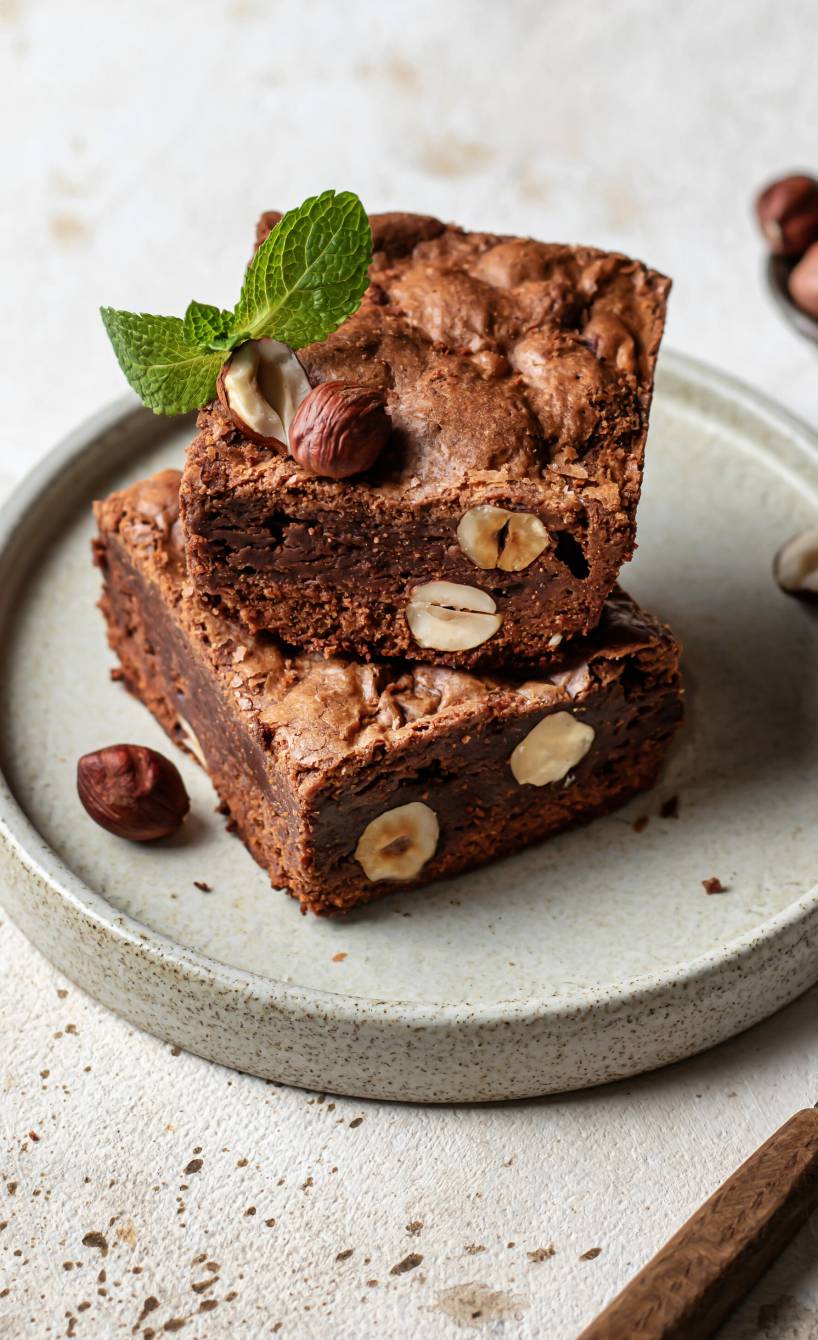 Zwei Stücke Brownies mit Haselnüssen angerichtet auf einem Kuchenteller garniert mit frischer Minze