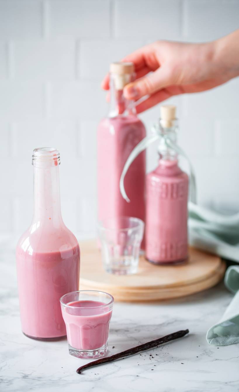 Selbst gemachter Himbeer-Eierlikör in zwei Flaschen sowie Pinneken auf einem Tisch