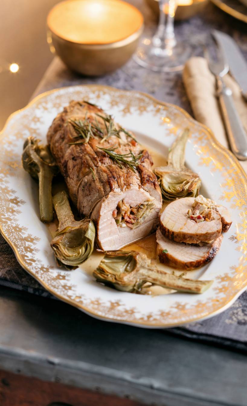 Italienischer Kalbsrollbraten mit Artischocken-Pfifferlings-Füllung und Walnüssen angeschnitten auf einer Servierplatte