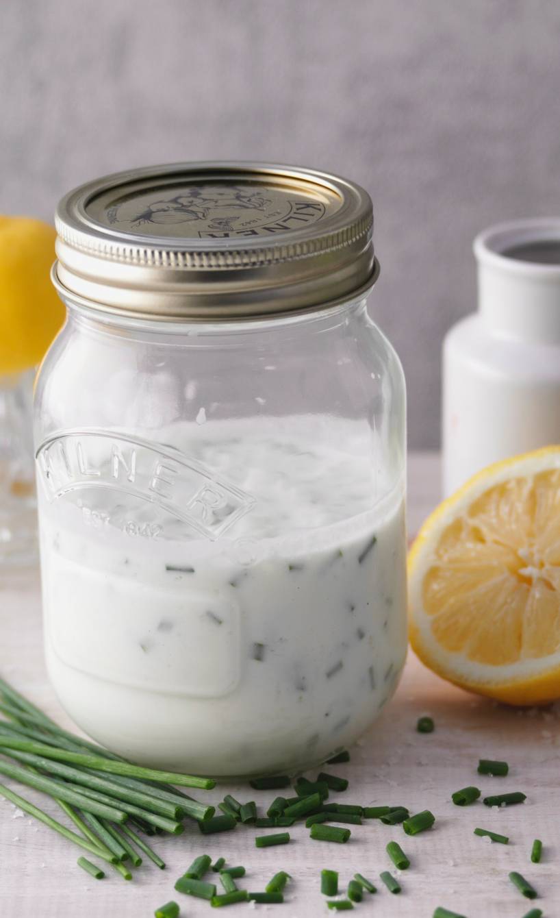 Joghurt-Dressing in einem Weckglas auf deinem Tisch, daneben Zitrone und Schnittlauch