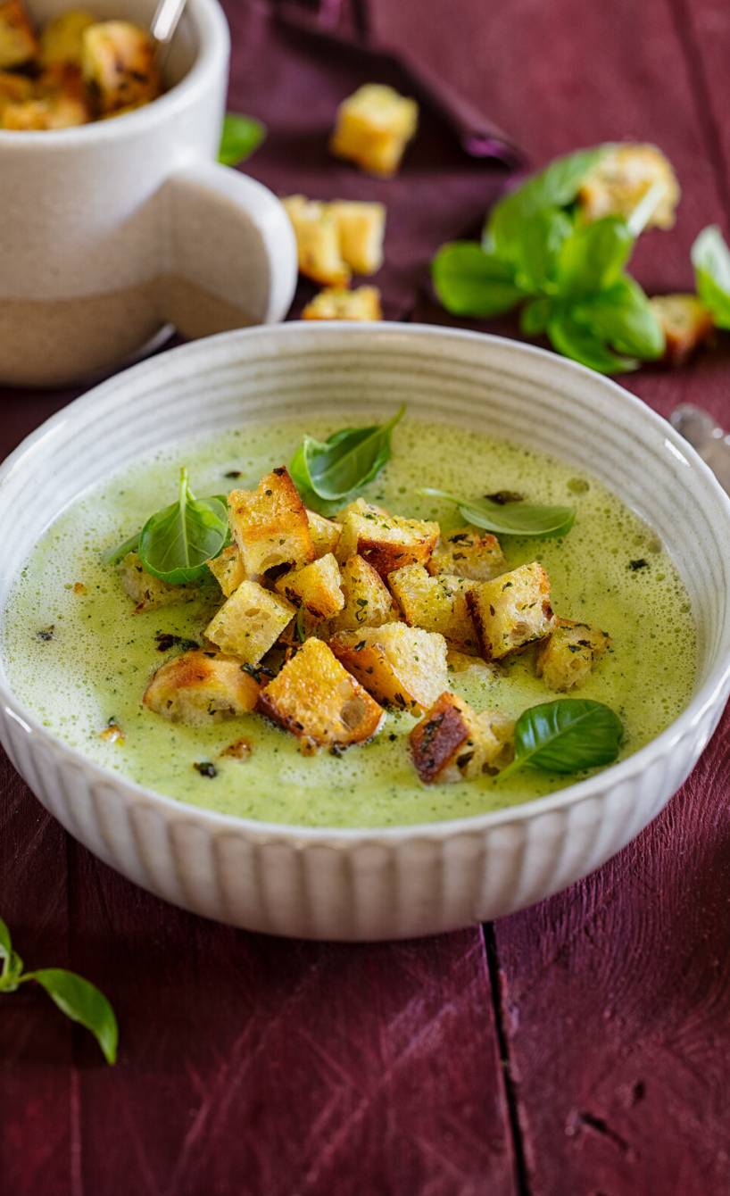 Kalte Zucchini-Joghurt-Suppe mit Zitronen-Basilikum-Croûtons