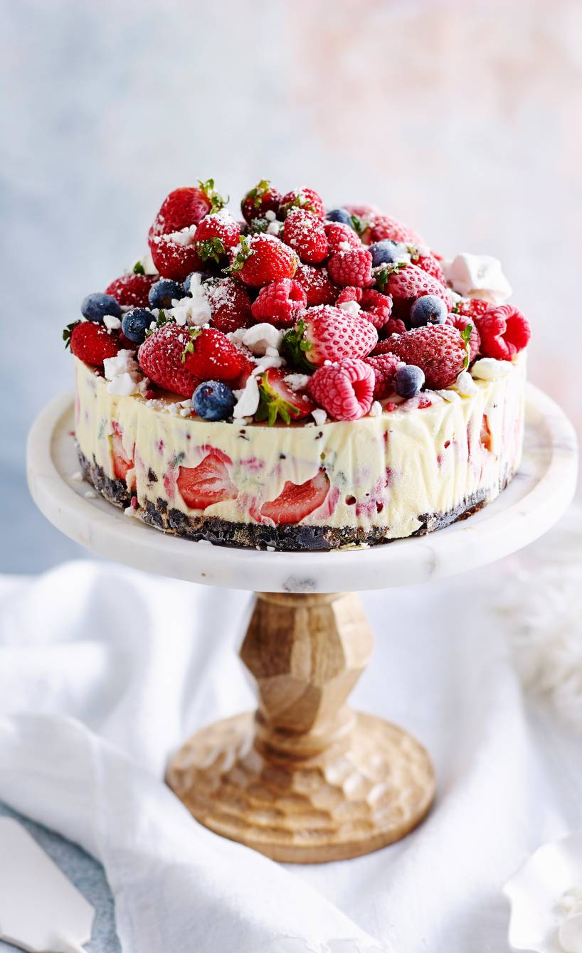 Eistorte mit Keksboden und Stracciatellaeis üppig mit frischen Beeren dekoriert auf einer Kuchenplatte