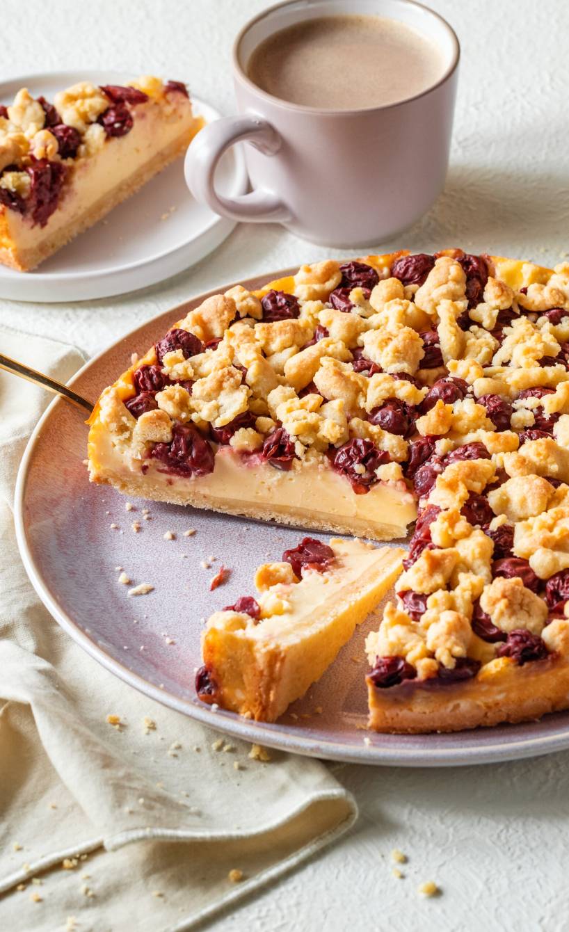Kirschkuchen mit Puddingcreme und Streuseln