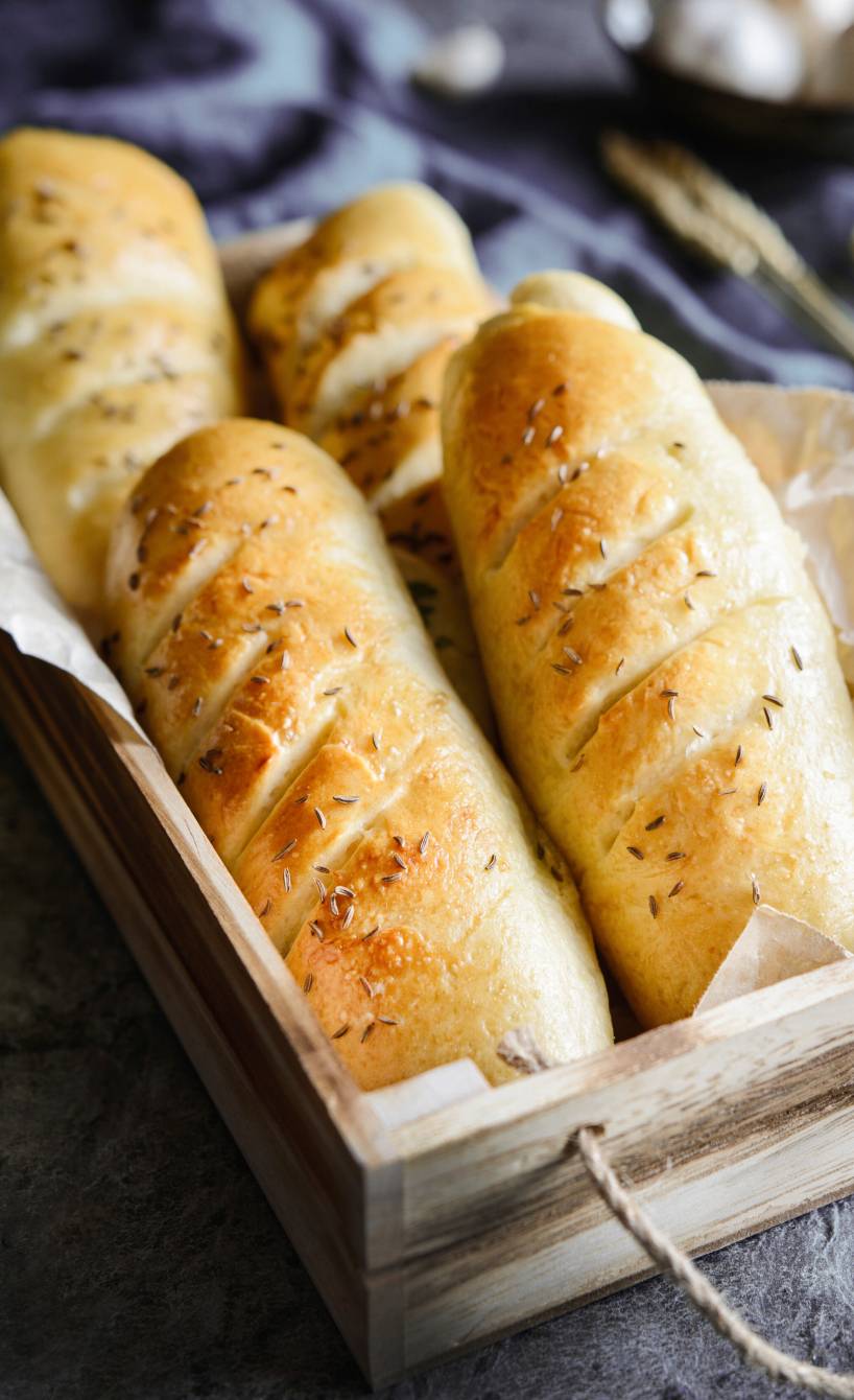 Vier selbstgebackene Seelen mit Knoblauch getoppt von mit Kümmelsaat in einer Holzkiste angerichtet