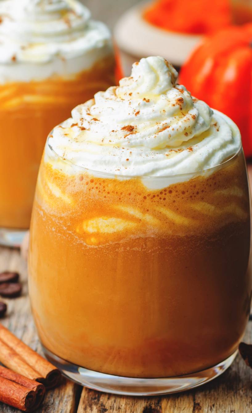 Kürbis-Caffè-Latte in zwei Gläsern getoppt mit Sahnehaube, daneben Zimtstangen