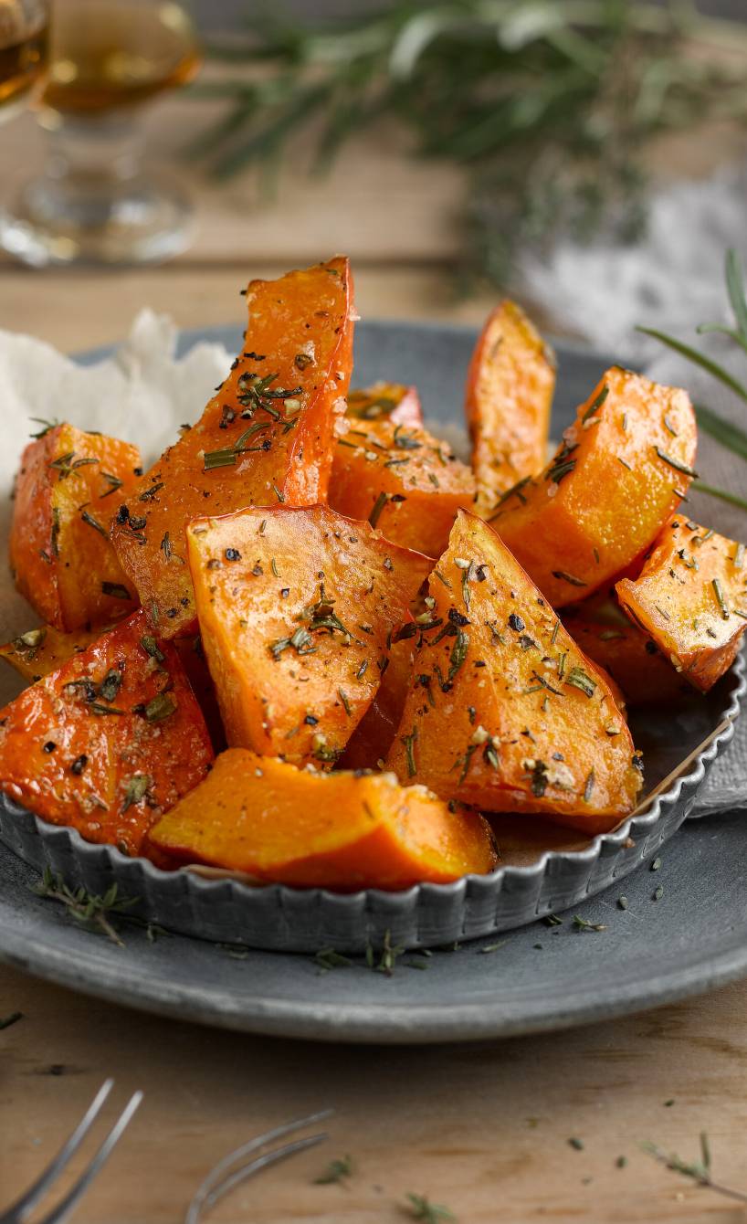 Kürbisecken mit frischen Kräutern garniert auf einem Teller