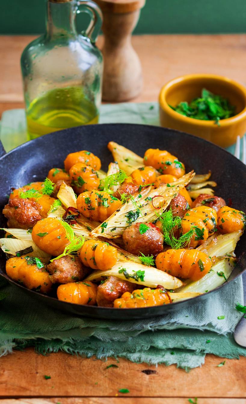 Kürbisgnocchi mit gebratener Salsiccia und Fenchel