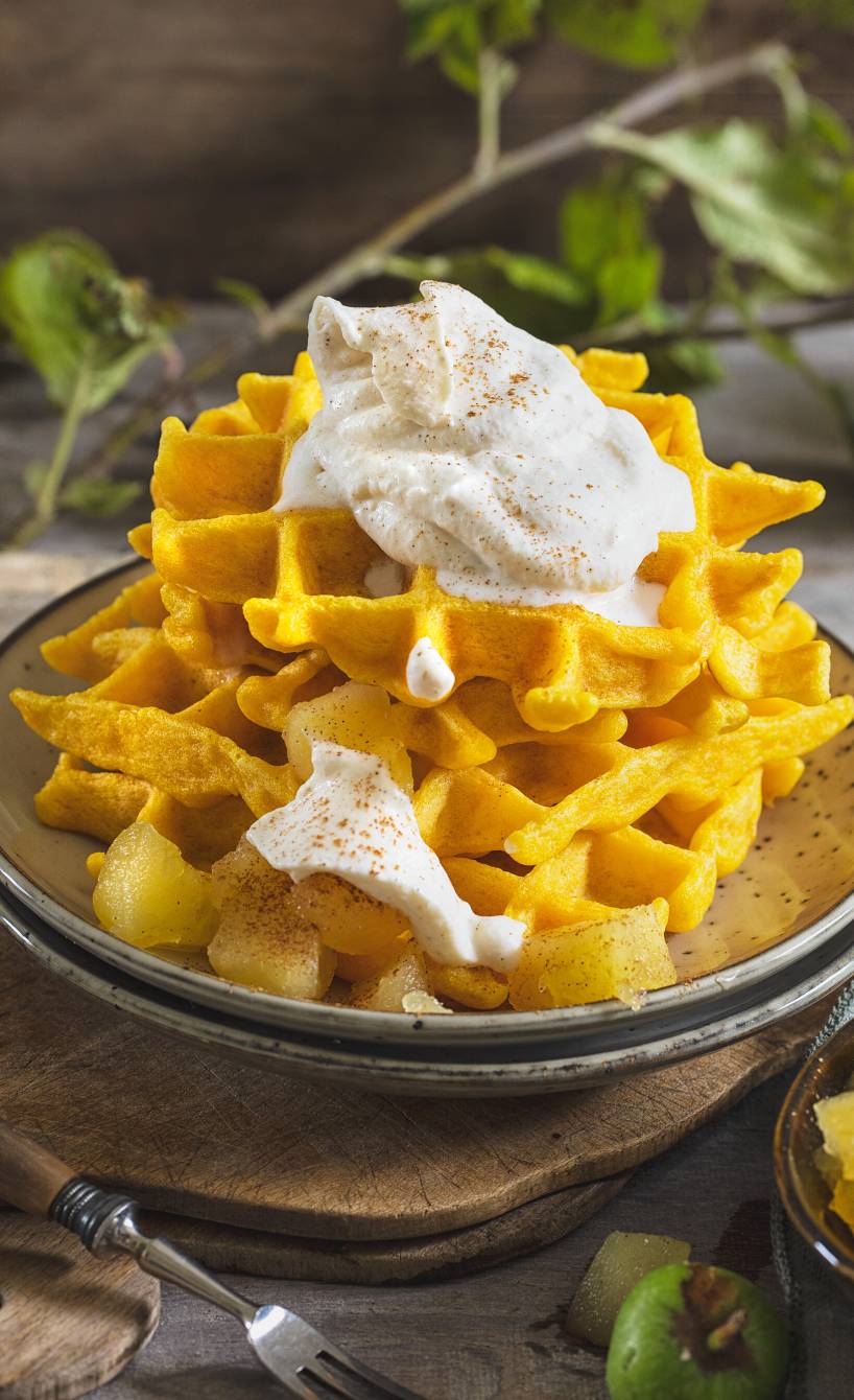 Kürbiswaffeln gestapelt auf einem Dessertteller getoppt mit Zimtsahne