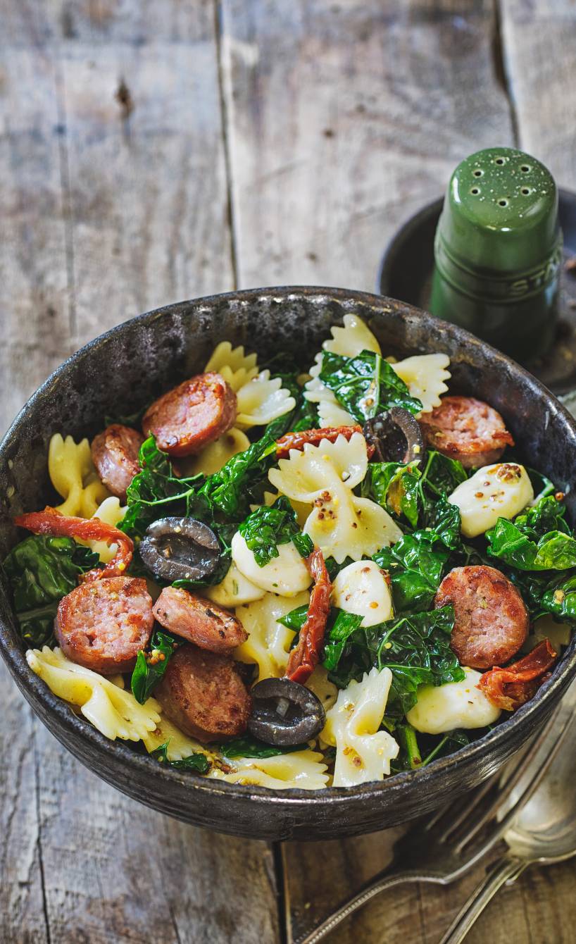 Lauwarmer Grünkohl-Nudel-Salat in einer Schale getoppt mit mit Salsiccia, Mozzarella und Oliven