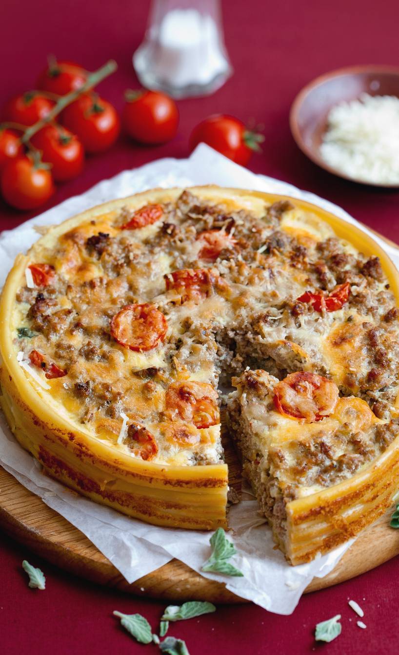 Hackfleischkuchen aus Nudeln angeschnitten auf einem Teller