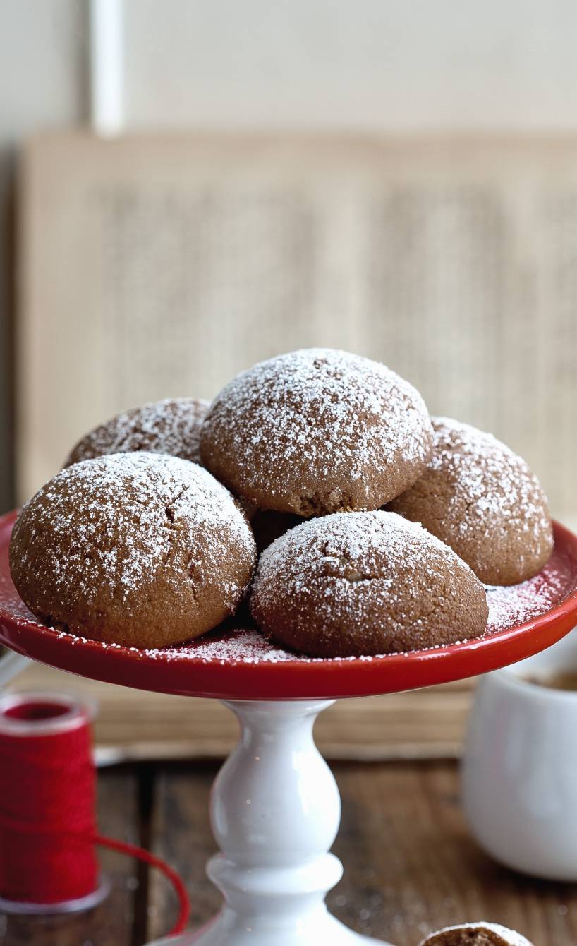 Runde Marzipanplätzchen mit Kakao auf einer Etagere, daneben Puderzucker und roter Bindfaden