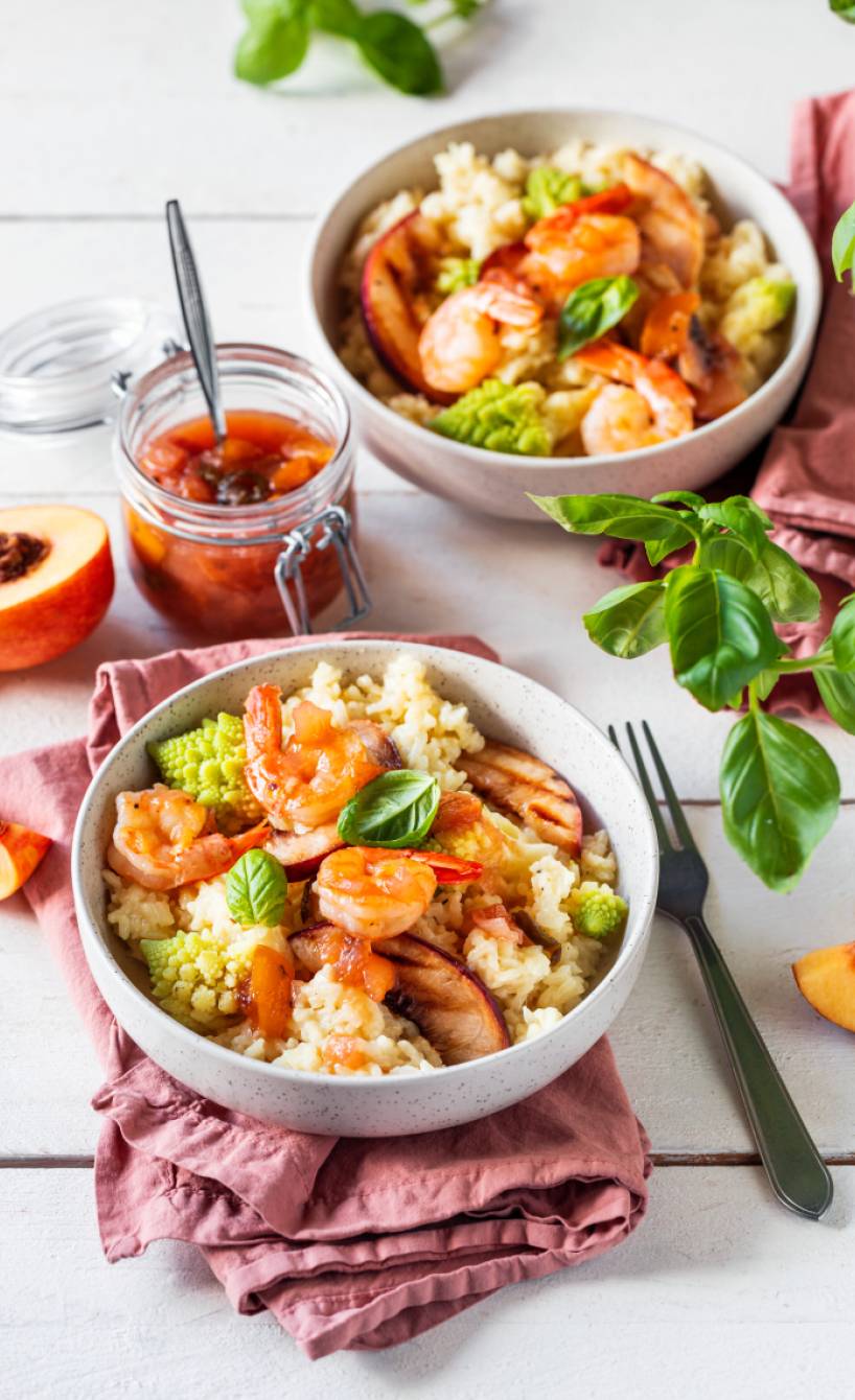 Nektarinen-Romanesco-Risotto mit Garnelen