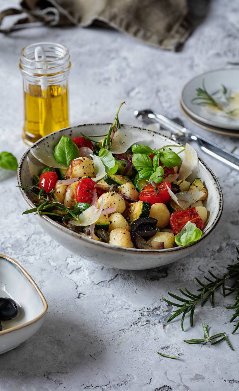 Nudelsalat aus Gnocchetti mit Antipasti aus gebackener Zucchini, Tomaten und Parmesan in einer Schüssel