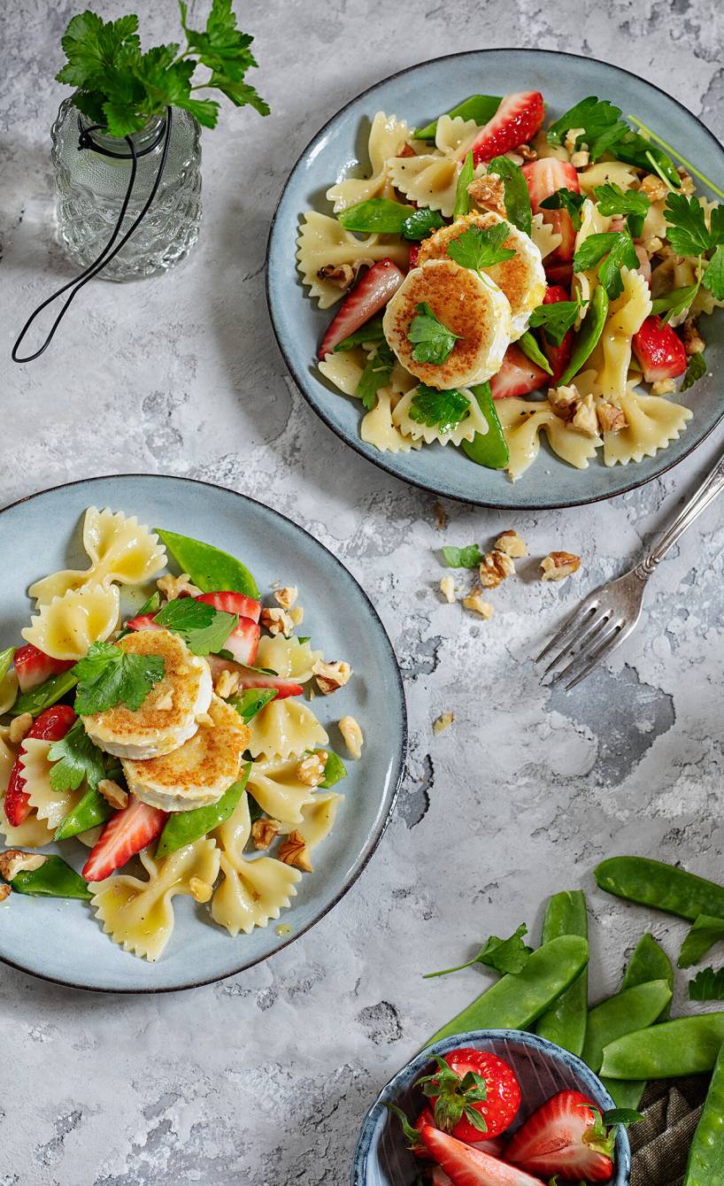 Nudelsalat mit Erdbeeren, Ziegenkäse und Zuckerschoten in einem tiefen Teller auf einem Tisch