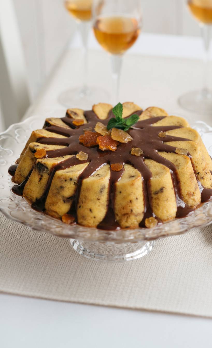 Italienischer Brotpudding aus Panettone steht auf einer Tortenplatte und ist mit Schokosoße übergossen