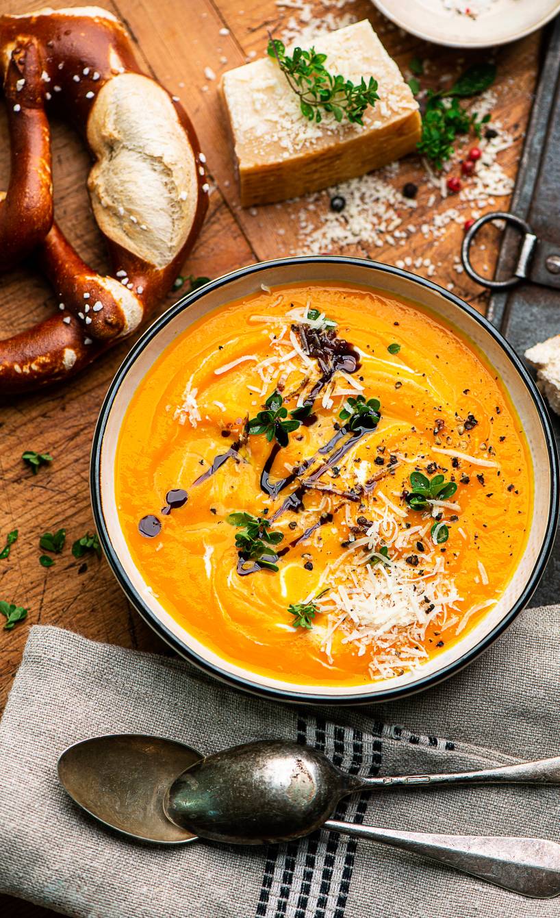 Kürbissuppe in einer Schüssel getoppt von Parmesan und Balsamico, daneben eine Laugenbrezel auf einem Tisch