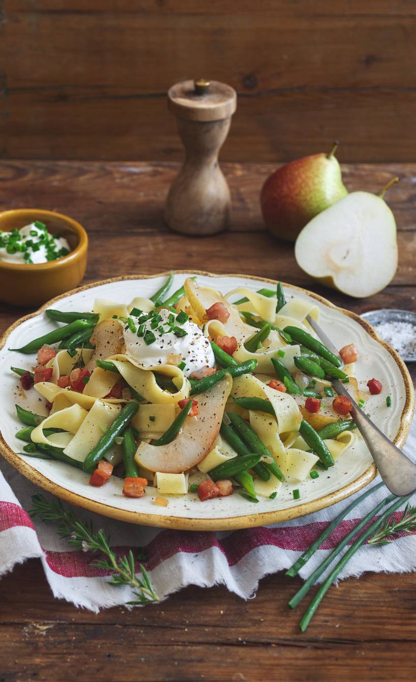 Parpardelle mit Birnen, grünen Bohnen und Pancetta